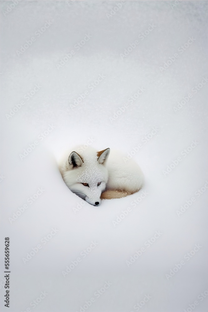 Poster a white fox curled up in the snow with its head resting on the ground., generative ai