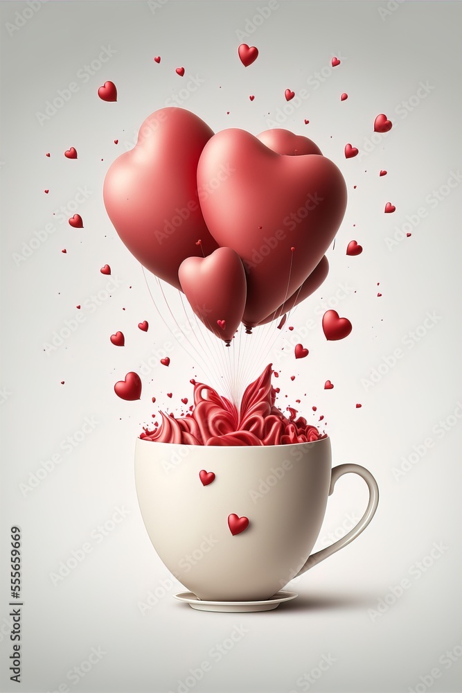 Poster a cup filled with red hearts floating out of it's top and floating in the air with hearts floating o
