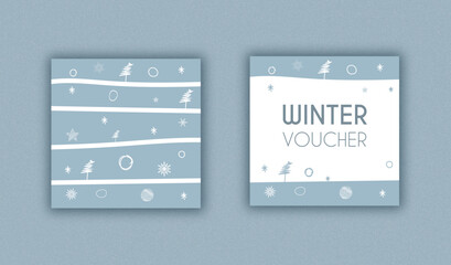 Winter gift voucher design mock up with white tree and snowflakes with lines and circle. 