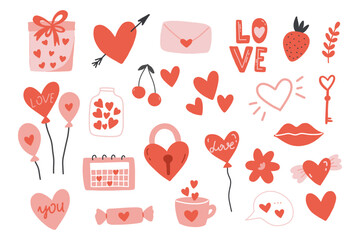 Valentine's day  elements set.Hearts, cup, flowers, kiss,and gift boxes.