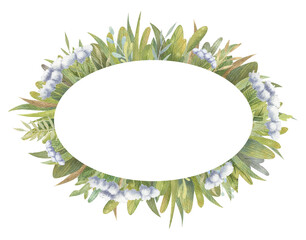 Watercolor floral oval external frame with garden and meadow white flowers, herbs and leaf. Watercolor hand-draw illustration of a wild plants and botany. Template for decor card, invitation