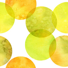 Seamless pattern with yellow and green round watercolor spots. Suitable for colorful holiday designs, fabric decor, textiles, covers, gift wrapping paper, scrapbooking, invitations, greetings and more