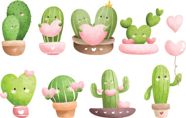 Watercolor Illustration Set of cute love cactus