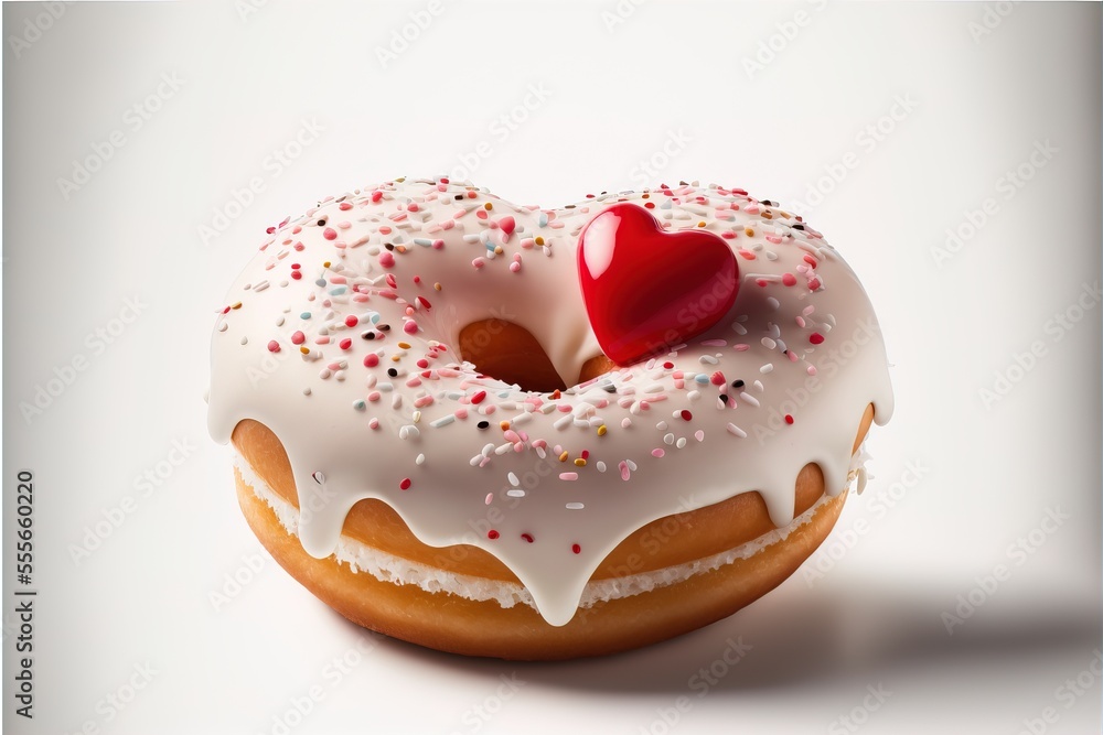 Poster a donut with a heart shaped frosting and sprinkles on it's side., generative ai