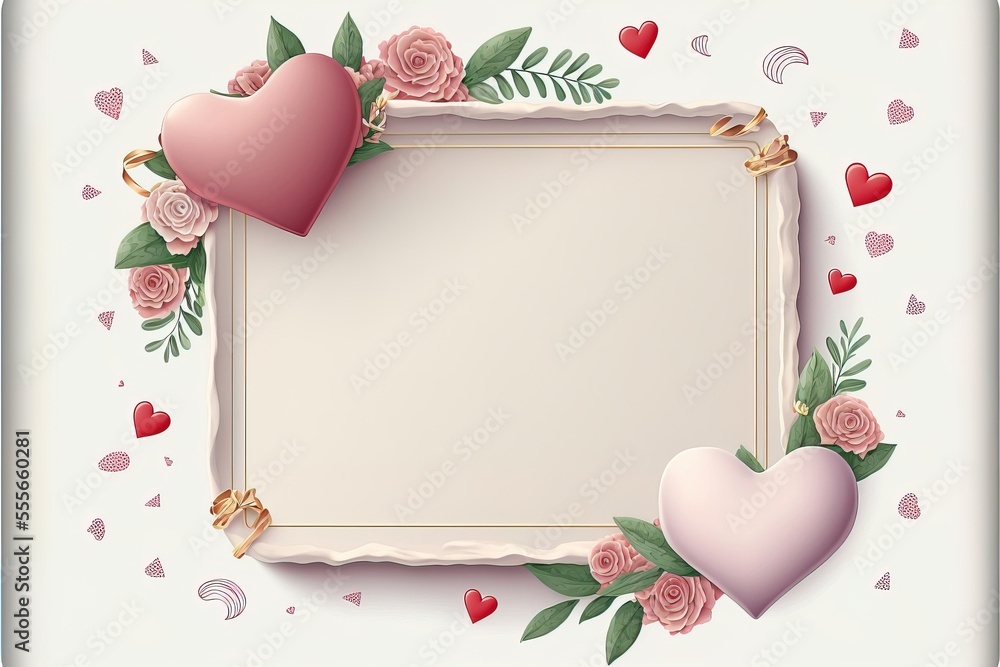Poster a frame with hearts and roses on a white background with hearts around it and a place for a text., g