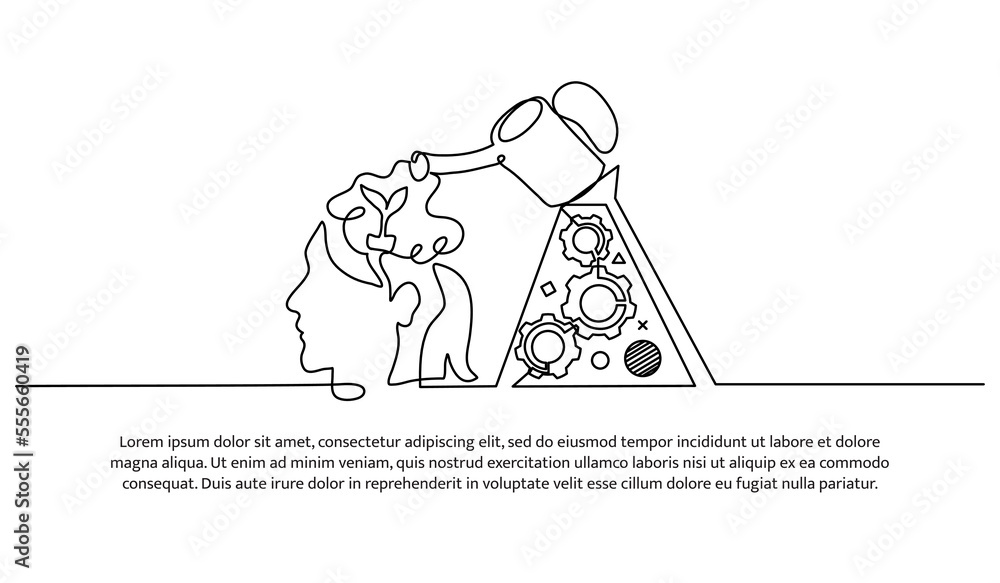 Poster continuous line design of thinking process development. self awareness concept design. decorative el