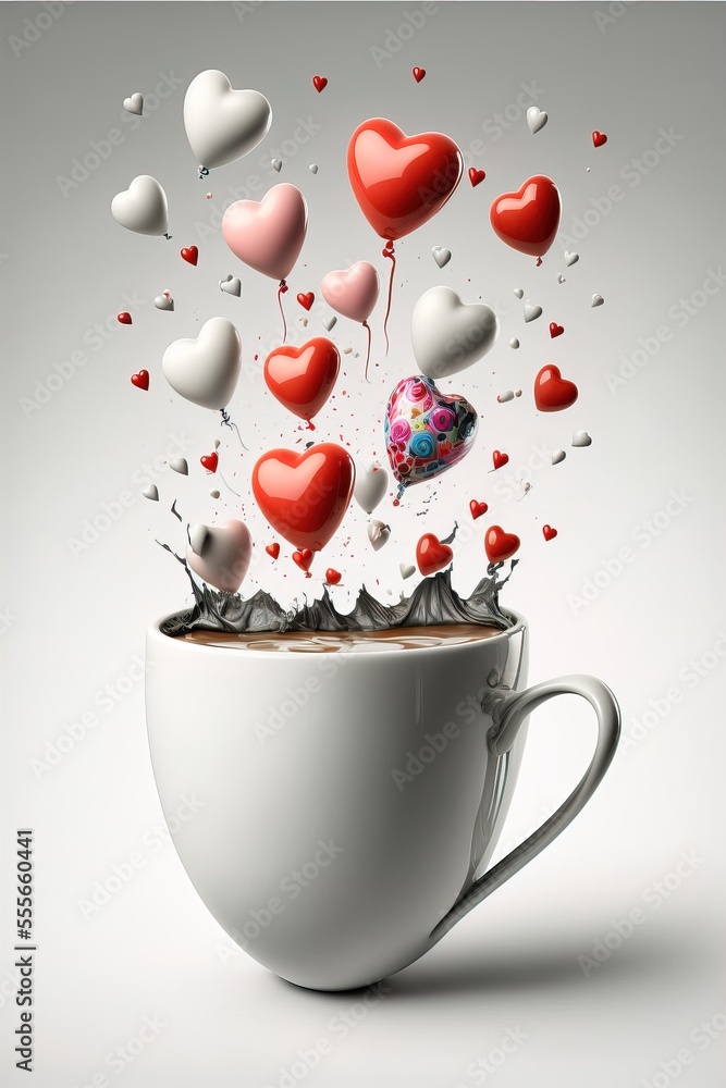 Poster a cup of coffee with hearts floating out of it and a spoon in the cup with liquid in it., generative