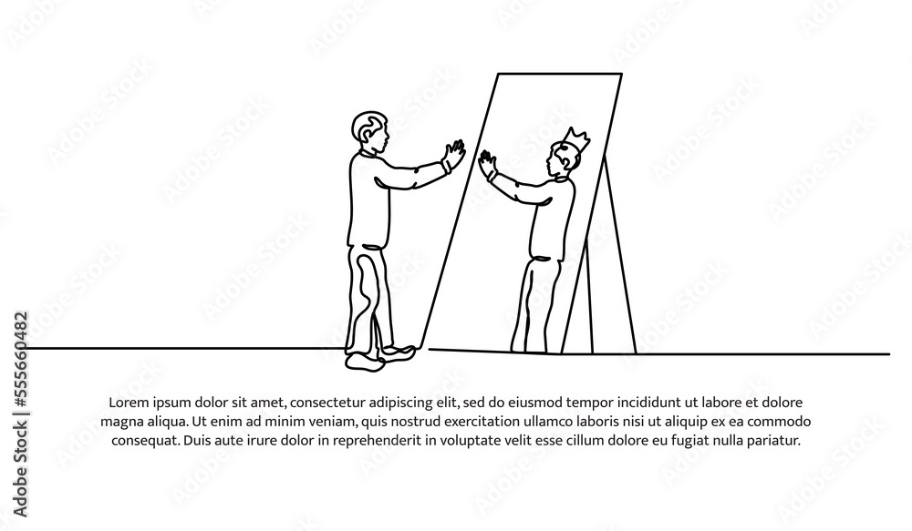 Poster continuous line design of man standing in front of mirror imagining himself successful. decorative e