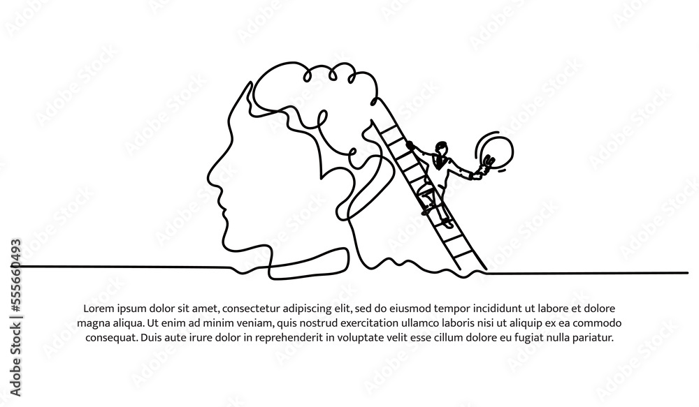 Poster continuous line design of bringing bulb to brain. new knowledge design concept. decorative elements 