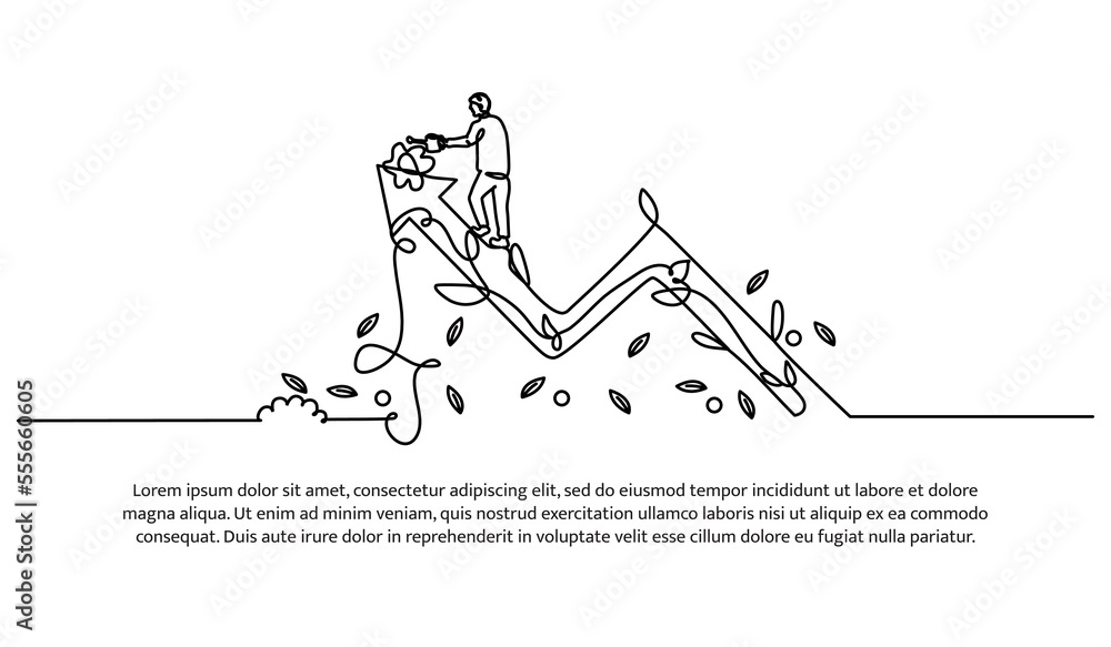 Poster continuous line design of man watering himself on growing arrows. self development concept design. d