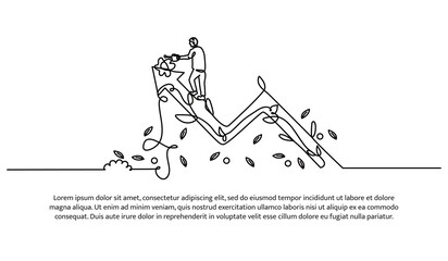 Continuous line design of man watering himself on growing arrows. Self development concept design. Decorative elements drawn on a white background.