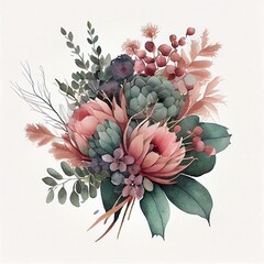 Watercolor composition  with flowers and eucalyptus