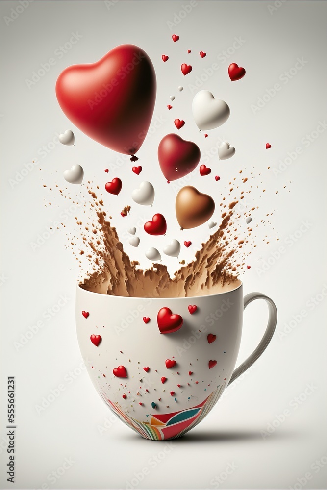 Poster a cup filled with chocolate and hearts floating out of it's side., generative ai