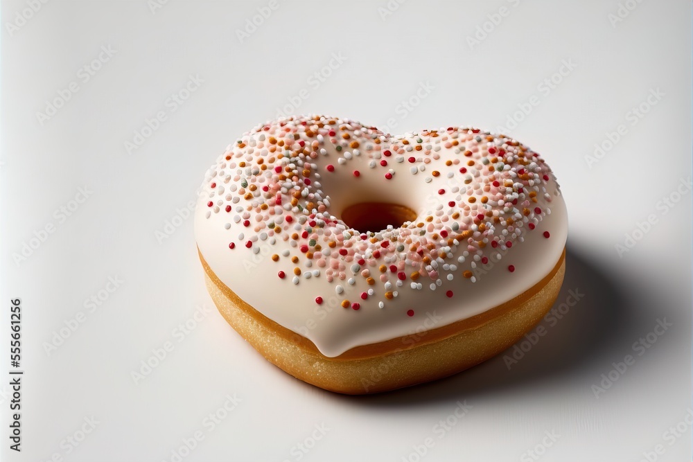 Aufkleber a donut with white frosting and sprinkles on it's side on a white surface., generative ai