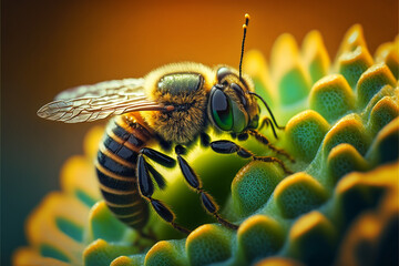 Honey bee on a flower close up, Generative AI - obrazy, fototapety, plakaty