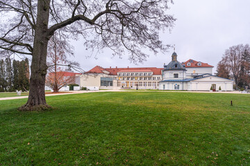 Fototapeta na wymiar Blue Spa building (Royal Palace) in Turcianske Teplice, Historical spa buildings in Turcianske Teplice, Slovakia