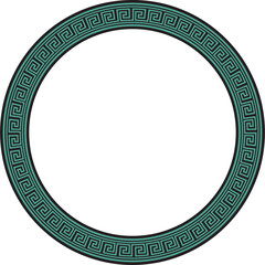 Vector round, turquoise and black Greek frame. Classic meander ornament. Border Ancient Greece, Roman Empire..