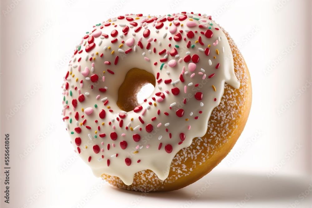 Poster a donut with white frosting and sprinkles on it's side and a bite taken out of it., generative ai