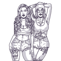 Beautiful hipster girls emblem monochrome