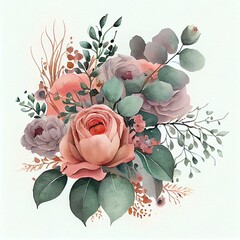 Watercolor composition  with flowers and eucalyptus