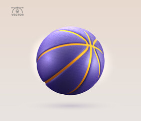 3d vector realistic purple and golden textured rubber basketball isolated design element on light background.
