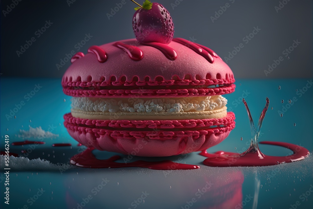 Poster a pink donut with a strawberry on top of it and dripping red liquid on the ground next to it., gener
