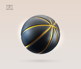 3d vector realistic black and golden textured rubber basketball isolated design element on light background.