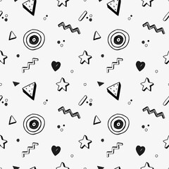 Retro pattern with doodles, hearts, stars, black and white, retro vibe, doodle hand drawn - obrazy, fototapety, plakaty