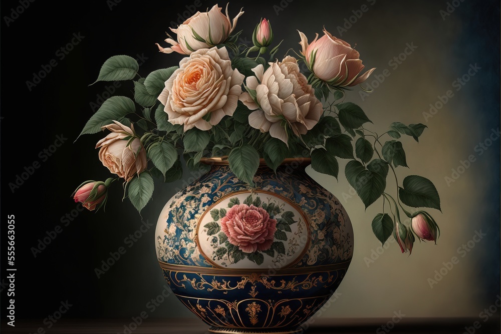 Poster a painting of a vase with flowers in it on a table top with a black background behind it and a blue 