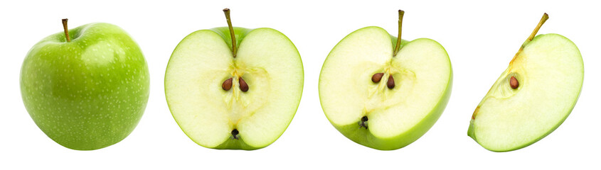 green apple, half and slice isolated, transparent png, collection, PNG format, cut out. - obrazy, fototapety, plakaty