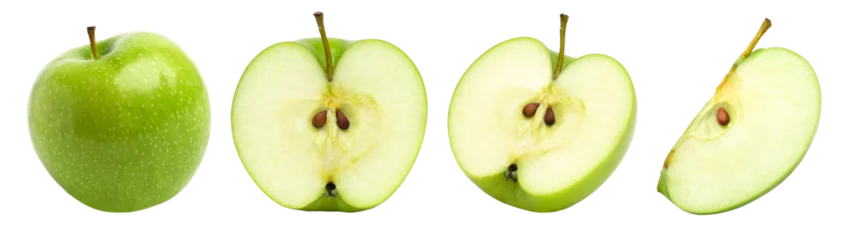 Tuinposter green apple, half and slice isolated, transparent png, collection, PNG format, cut out. © natthapol