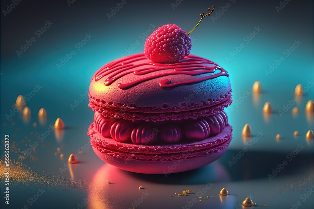 Poster a pink cupcake with a cherry on top of it on a table with candles around it and a blue background., 