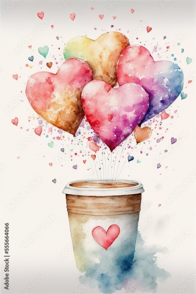 Poster a cup of coffee with hearts floating out of it and a cup of coffee in the middle of the cup., genera