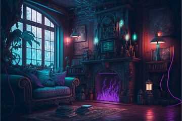 Gothic mansion victorian living room interior with fireplace with wooden wall design illustration	 - obrazy, fototapety, plakaty