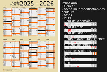 Calendrier scolaire 2025-2026, calques, vacances scolaires, Saints, 12 mois