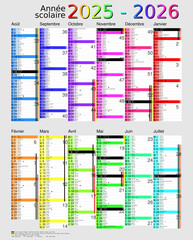 Calendrier scolaire 2025-2026, calques, vacances scolaires, Saints, 12 mois