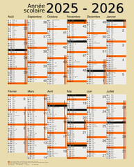 Calendrier scolaire 2025-2026, calques, vacances scolaires, Saints, 12 mois