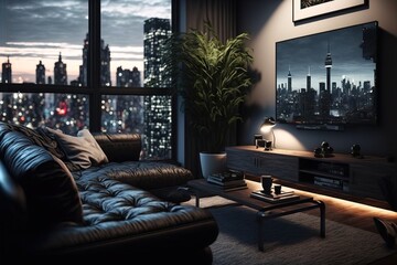 Living room interior, tv on wall, night time, night city window
