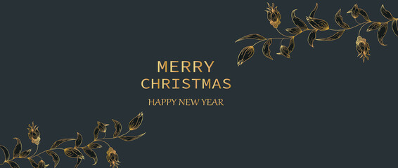 Fototapeta na wymiar Happy New Year Christmas card, black-gold background. For greetings with festive decor. Premium