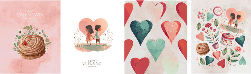 Happy Valentine's Day! Vector cute watercolor illustrations of boy and girl in love, cake and pattern with heart for greeting card, poster or background