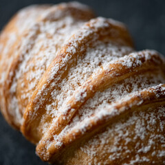 Puff pastry bun sprinkled with powdered sugar. Close-up, dark background.