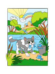 Cute kitten fishing at the river vector cartoon illustration