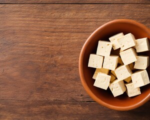 Fried tofu in bowl, Vegetarian food