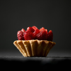Tartlet with fresh strawberries. One tartlet on dark background with backlight. 