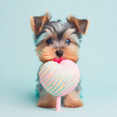 A cute little puppy carrying a big heart as a symbol of love. Pastel, creative, animal concept. Valentine's Day spent with a pet, a small dog. Illustration. Generative AI.