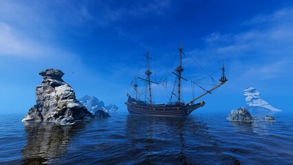 Ancient sailing ship among stone reefs © MICHAEL KUK