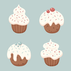 Set of four cupcakes with berries, sprinkles and cream frosting. For decorating Christmas, birthday, Valentine's Day gift wrap, icons, stickers. Isolated vector illustration.