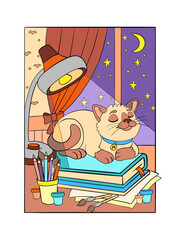 Cute cat dreaming on a books vector cartoon illustration