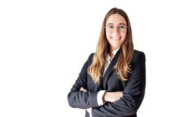 Obraz premium Young businesswoman in a suit smiling at the camera, looking professional with white background.