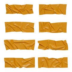 Yellow wrinkled adhesive tape isolated on white background. Yellow Sticky scotch tape of different sizes.	